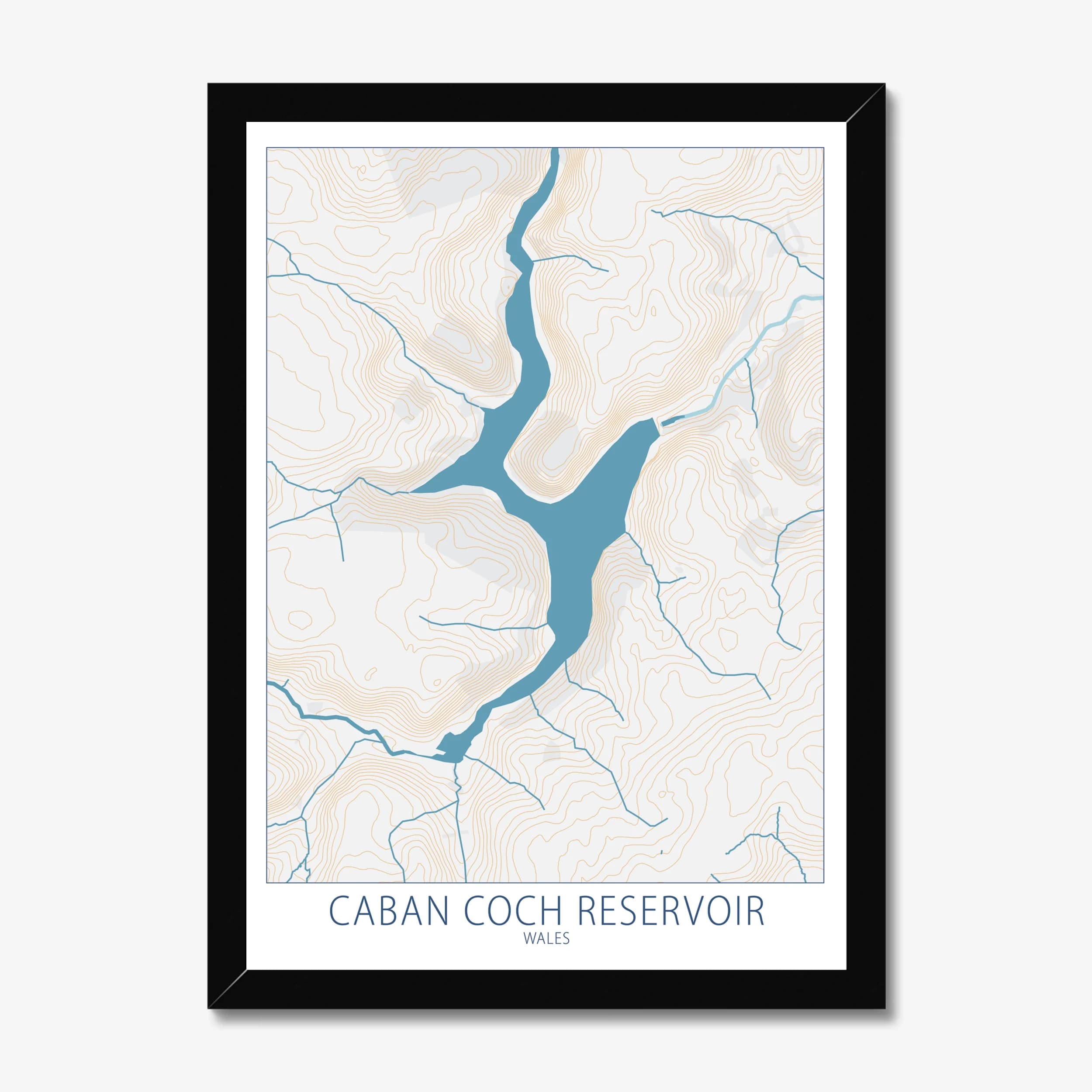 Caban Coch Reservoir, Elan Valley, Wales Colour Contour — Map Art Print